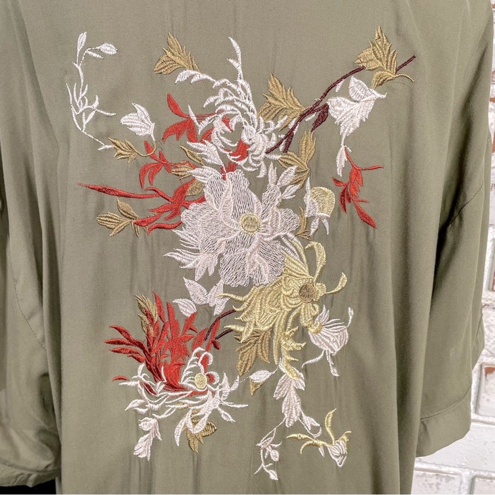 Bohemian Embroidered Floral Olive Green & Orange 3/4 Sleeve Kimono M/L - Picture 6 of 9